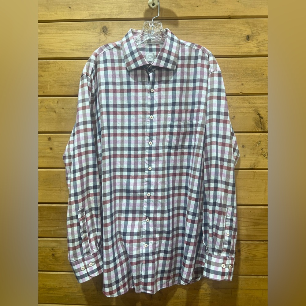 Peter Millar Cotton Check Shirt XL White Red Mauve Pink Tan Button Up